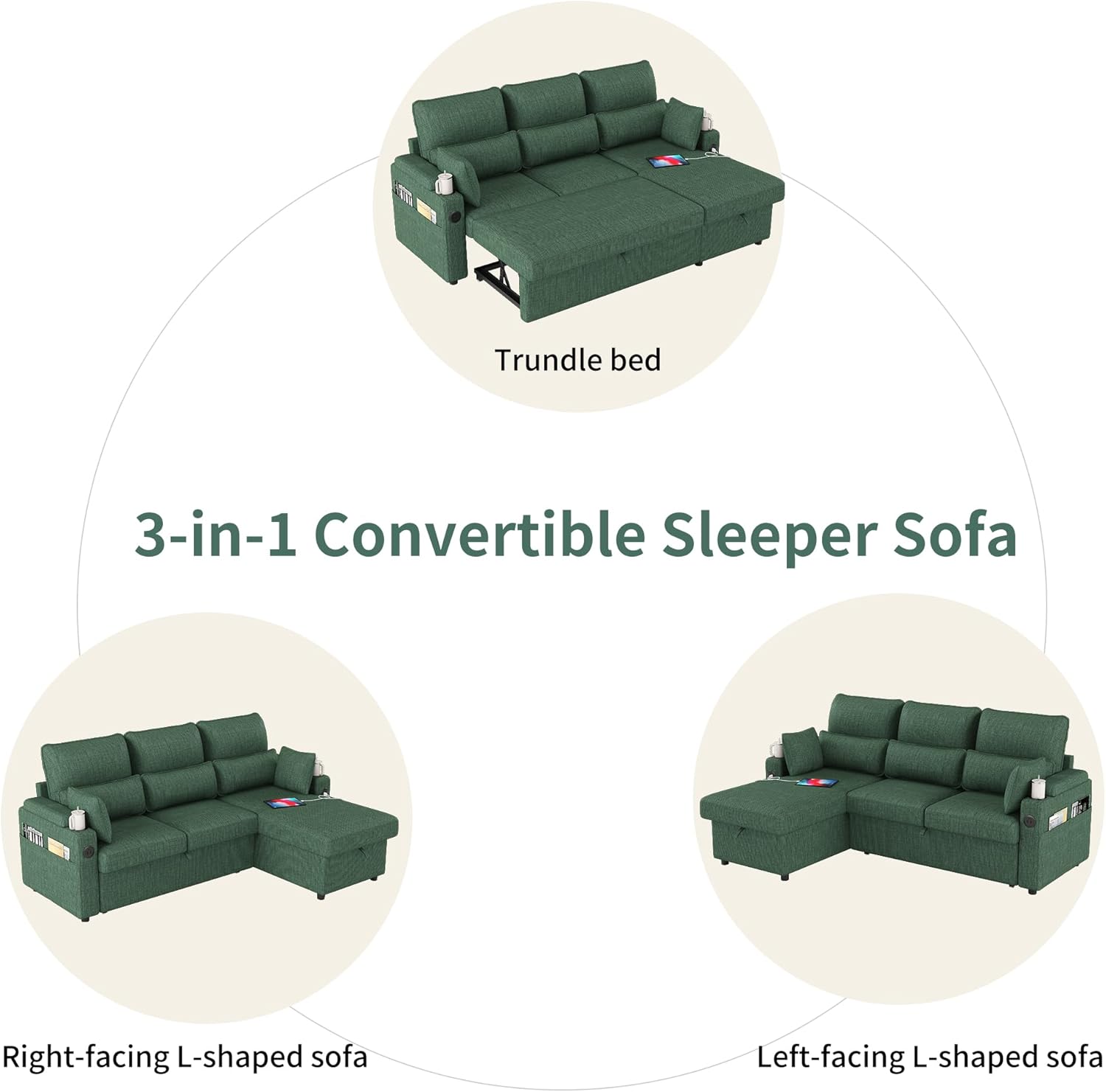 Sectional Sleeper Sofa with Pull Out Couch Bed, with Storage Chaise for Living Room, Comfy Linen Modular Sectional Sofa with Dual USB & Type-C, Cup Holders (Green, 81 Inches)