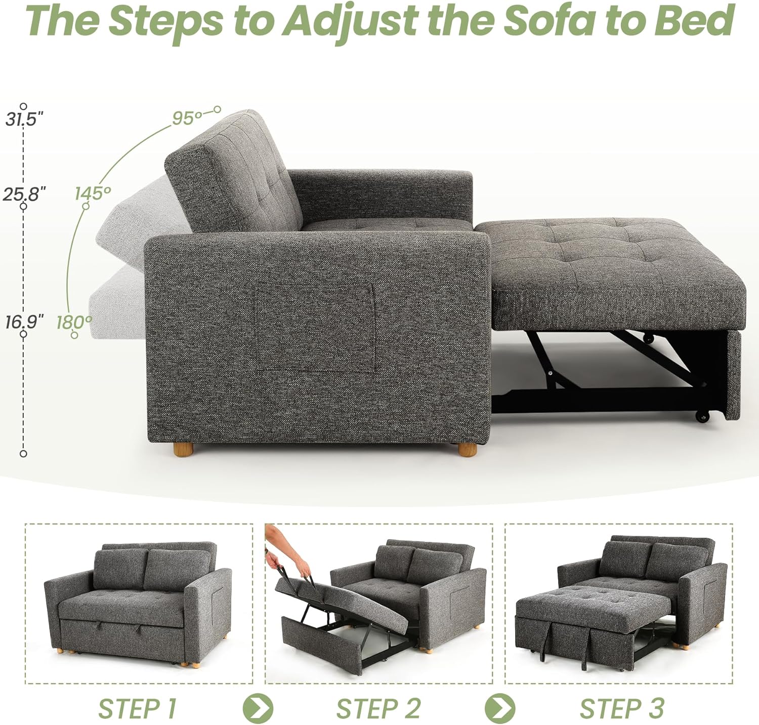 SEJOV Sleeper Sofa Bed, 3-in-1 Convertible Sofa Chair, Linen Fabric Pull Out Couch Bed, Loveseat Sleeper with Spring Support, Adjustable Backrest, 2 Seater Recliner Chair for Small Space, Dark Grey