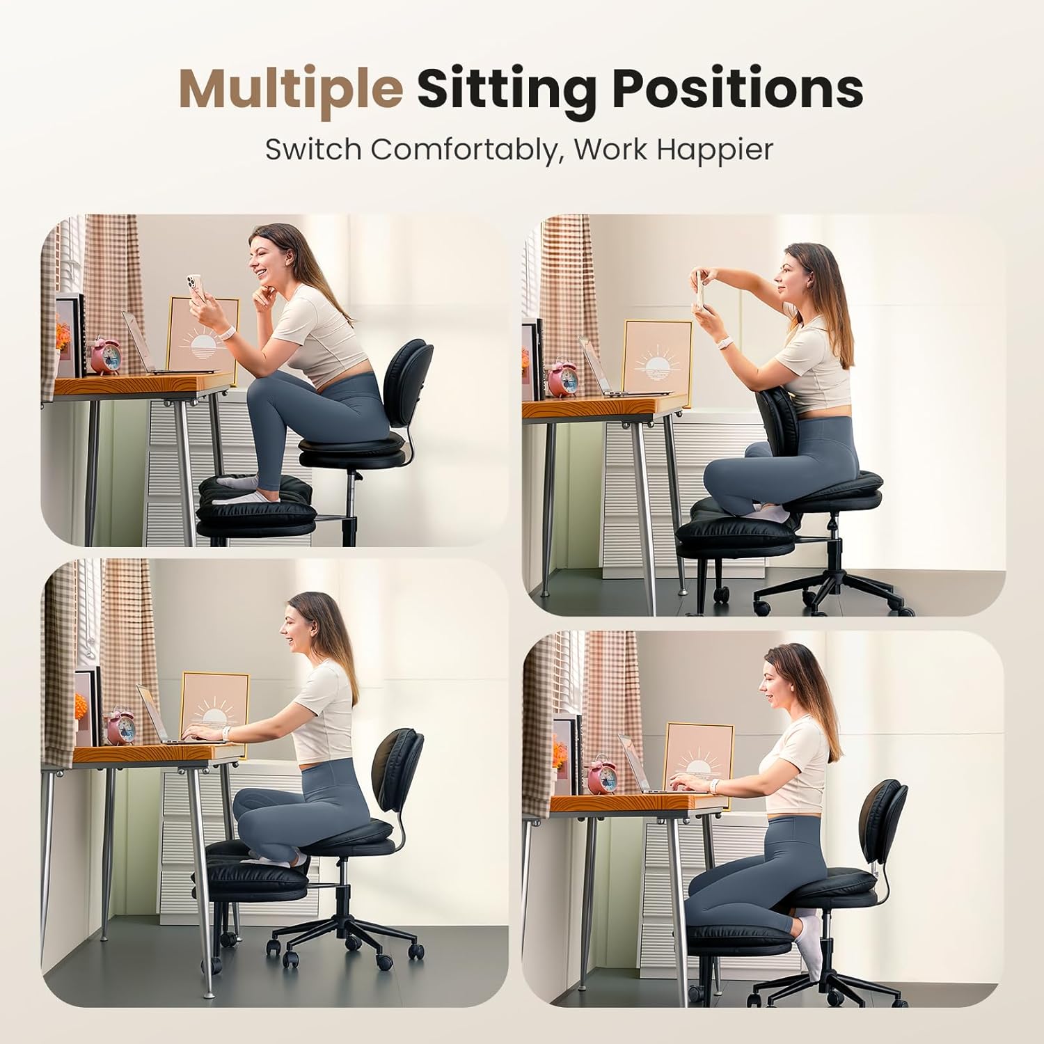Cross Legged Office Chair, Ergonomic Cloud Criss Cross Desk Chair, Meditation Chair with Wheels, Height Adjustable Seat for ADHD, Wide Kneeling Chair with Back Support, Matte Black