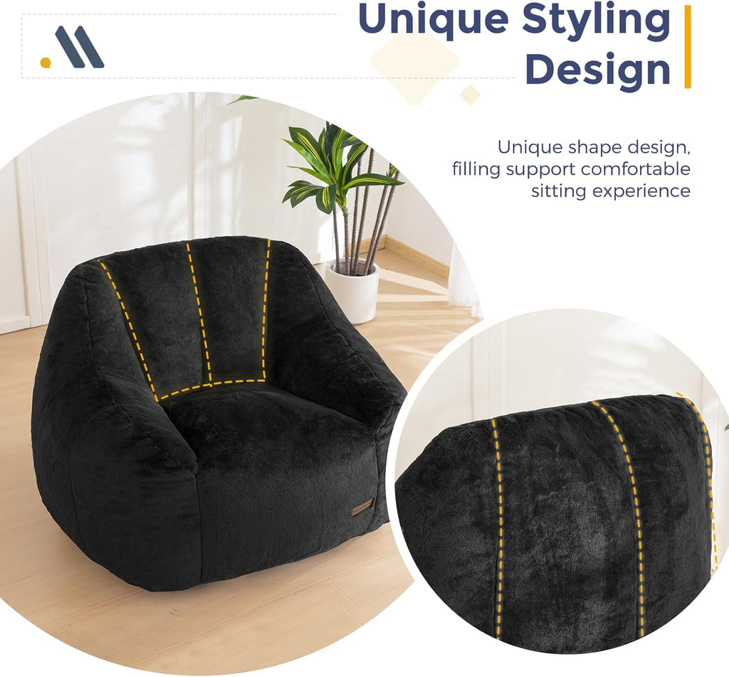 MAXYOYO Bean Bag Chair, Comfy Bean Bag Sofa with Back Support, Faux Fur Bean Bag Chair for Adults and Kids, Stuffed Floor Sofa for Living Room, Bedroom, Apartment, Black
