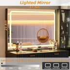 LEYAOYAO Vanity Desk with Mirror and Lights, 43.5'' Fluted Makeup Vanity with 6 Drawers and Adjustable Shelves, Black Wood Make Up Vanity Dressing Table with Glass Top and Power Outlet for Bedroom