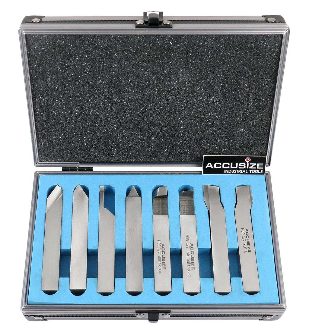 Accusize Industrial Tools 1/2'' 8 Pcs Hss Tool Bit Set, Pre-Ground for Turning and Facing Work, 2662-2004