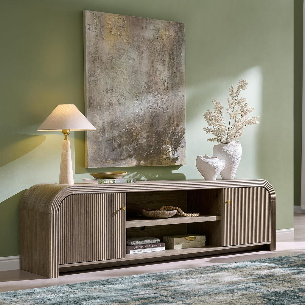 T4TREAM 70" Modern Fluted TV Stand, Long TV Table Entertainment Center with Storage, Media Console for Living Room with Door and Adjustable Shelves (Alder Grey)