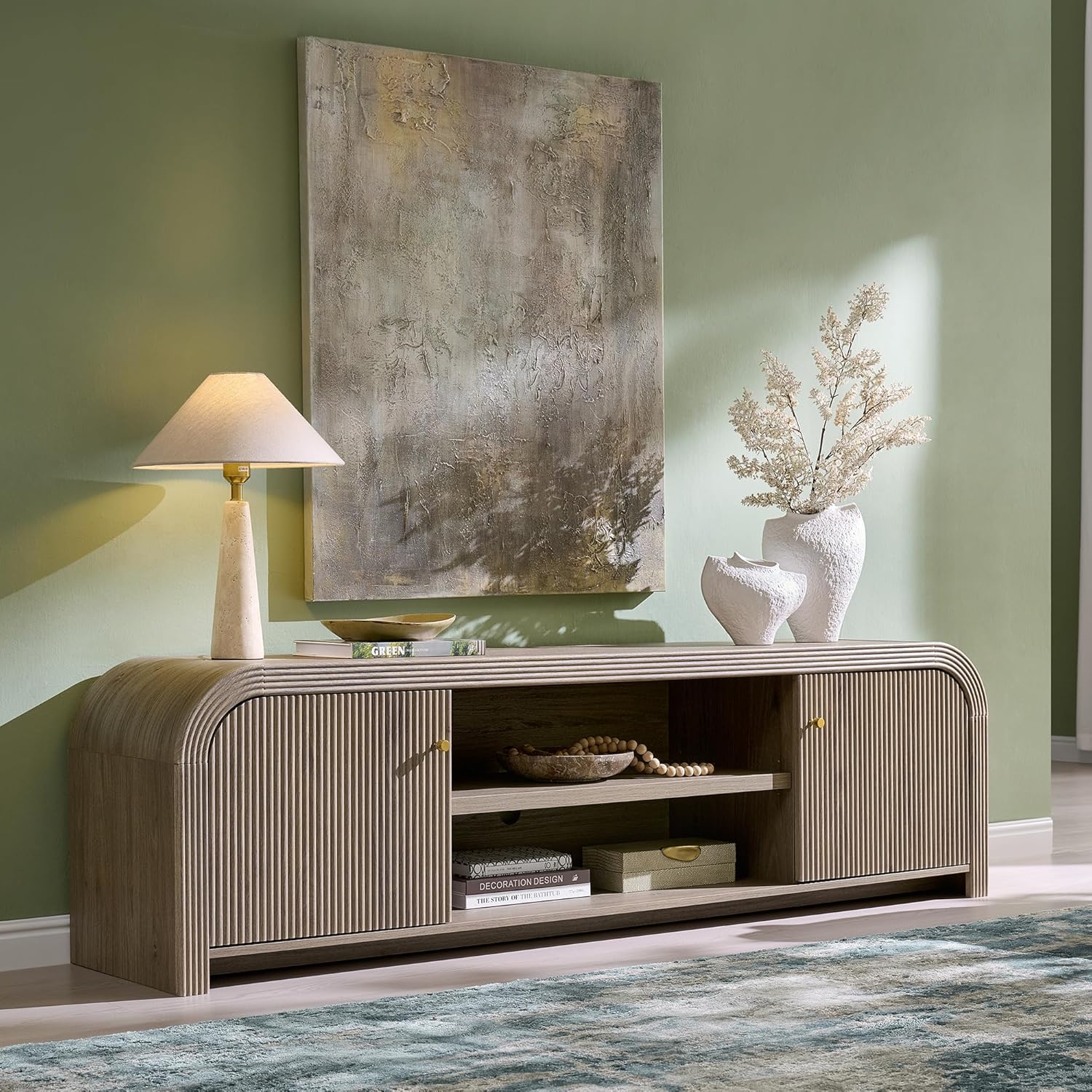 T4TREAM 70" Modern Fluted TV Stand, Long TV Table Entertainment Center with Storage, Media Console for Living Room with Door and Adjustable Shelves (Alder Grey)
