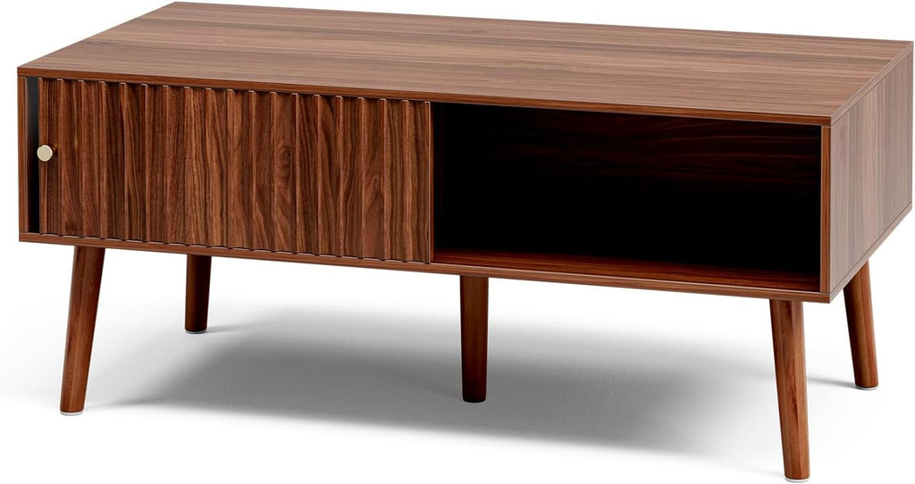 LCRBOL Coffee Table with Storage, Mid Century Dining Table with Sliding Fluted Door and Solid Wood Legs, Small Coffee Tables for Living Room, Walnut