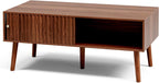 LCRBOL Coffee Table with Storage, Mid Century Dining Table with Sliding Fluted Door and Solid Wood Legs, Small Coffee Tables for Living Room, Walnut