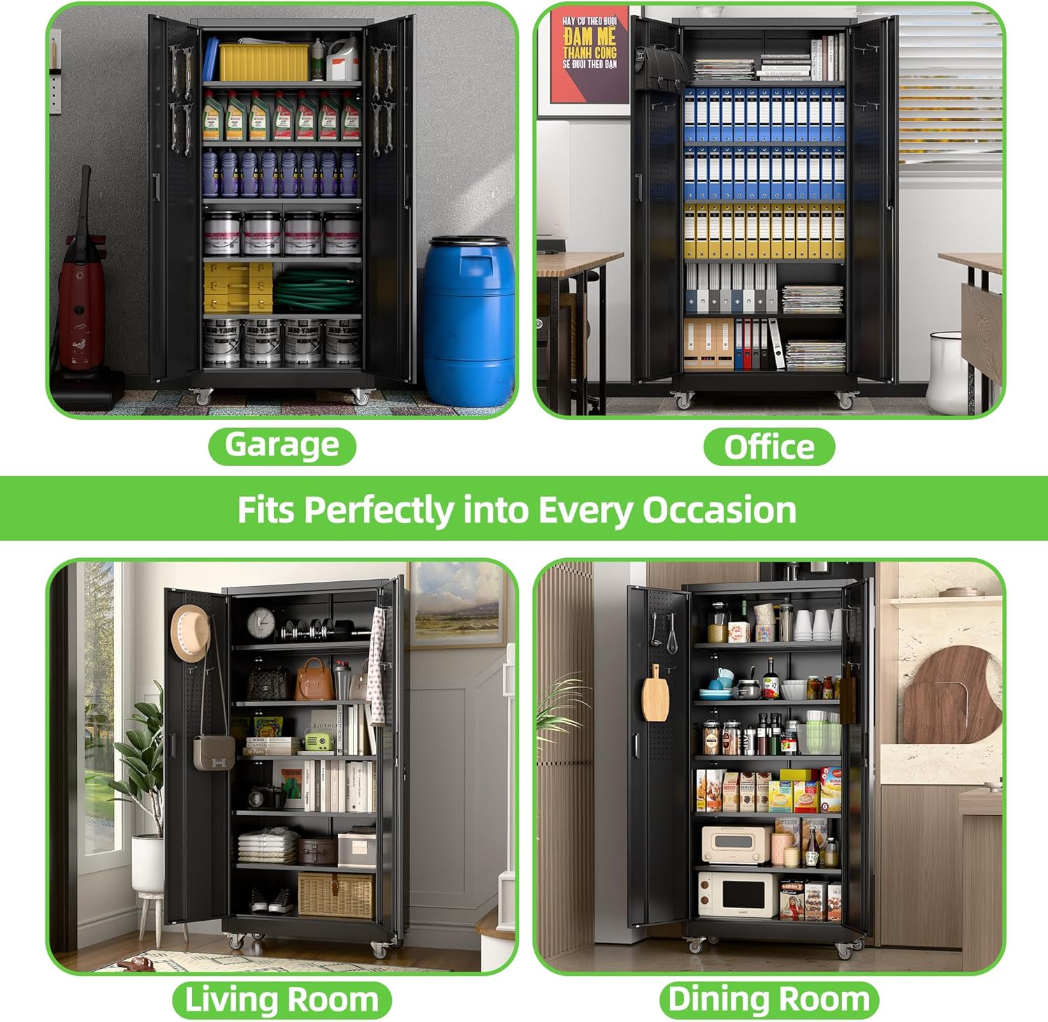 Garage Storage Cabinet with Wheels and Pegboard, Lockable Metal Storage Cabinet with 5 Adjustable Shelves and 4 Hooks for Garage,Warehouse, Assembly Required, Black, 71" H x 34" W x 18" D