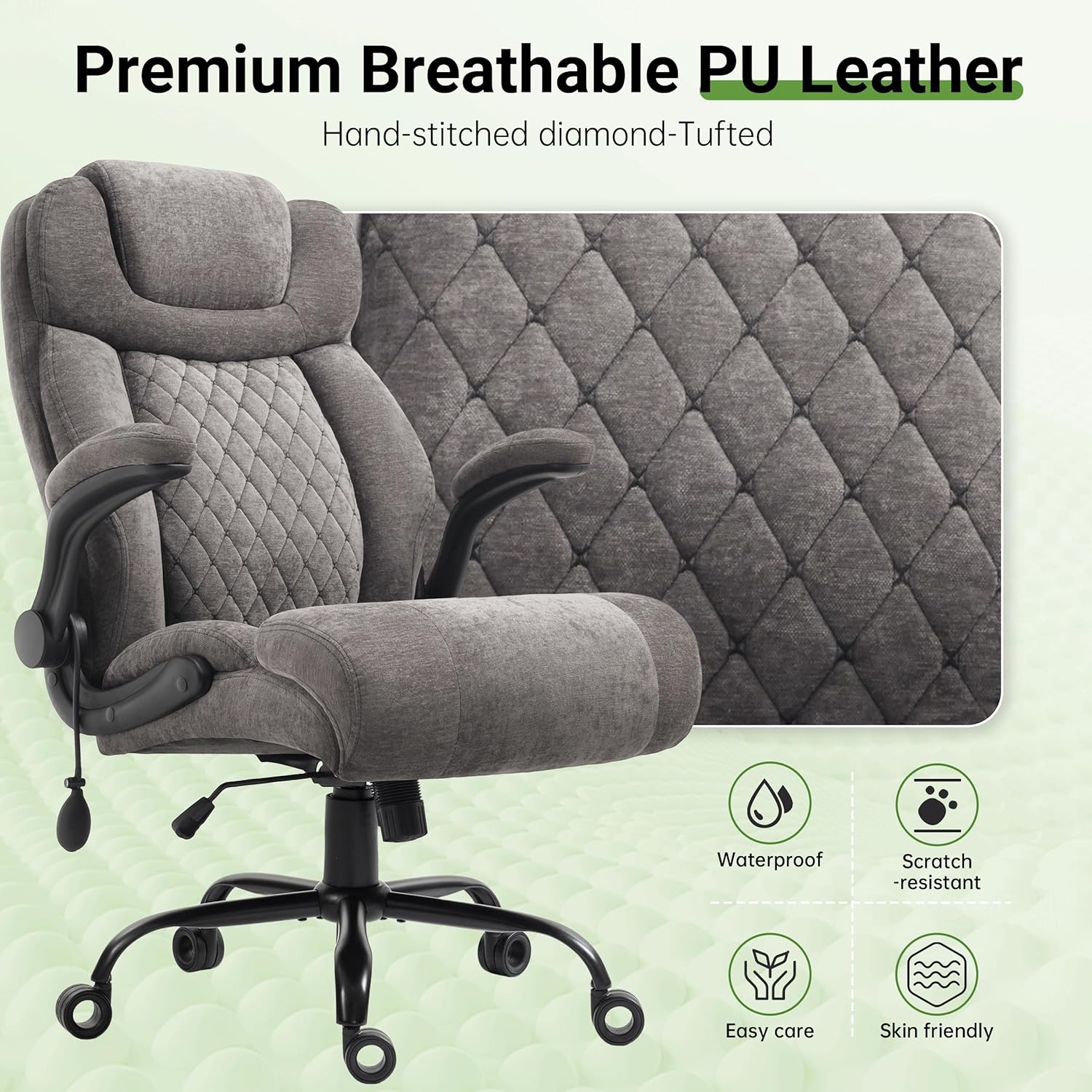Office Chair, Big and Tall Executive Chairs with Lumbar Support for Back Pain, Breathable Fabric Desk Computer Chair with Adjustable Flip-up Armrests,Wide Cushion Swivel Home Office Chair Black,Grey