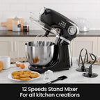 Kismile 5.5QT Tilt-Head Stand Mixer, 12-Speed Electric Mixer with 304 Stainless Steel Bowl - Includes Whisk, Dough Hook, Beater for Baking Bread, Cakes, Cookies (Light Black)
