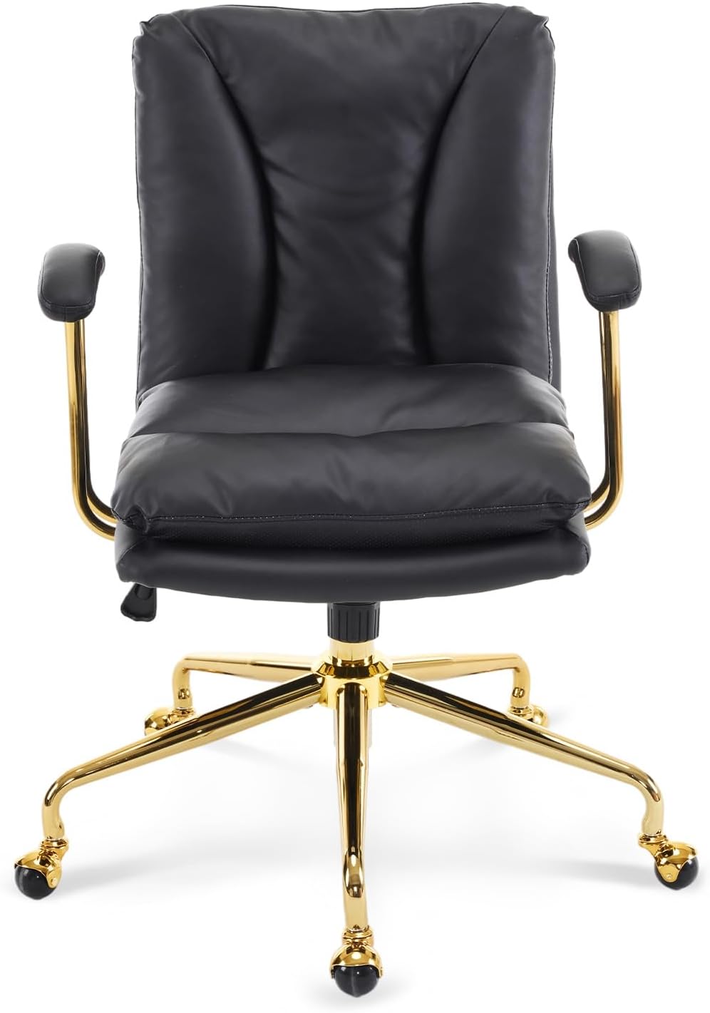 VINGLI Home Office Desk Chair Comfy with Wheels & Removable Armrests,Gold Base Vanity Chair with Back, Adjustable Rolling Swivel Computer Task Chair for Study,Makeup,Office,Bedroom,PU Leather,Black