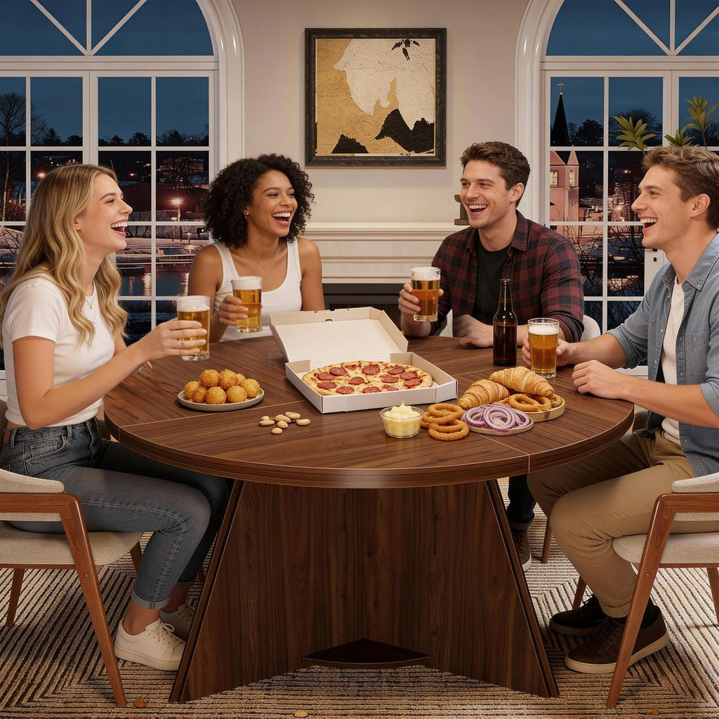 LVB Round Dining Table for 4-6, Mid Century Modern Walnut Circle Dinner Table, Brown Wood Pedestal Kitchen Table with Wooden Base for Dining Room, Kitchen, Living Room, 43 inch