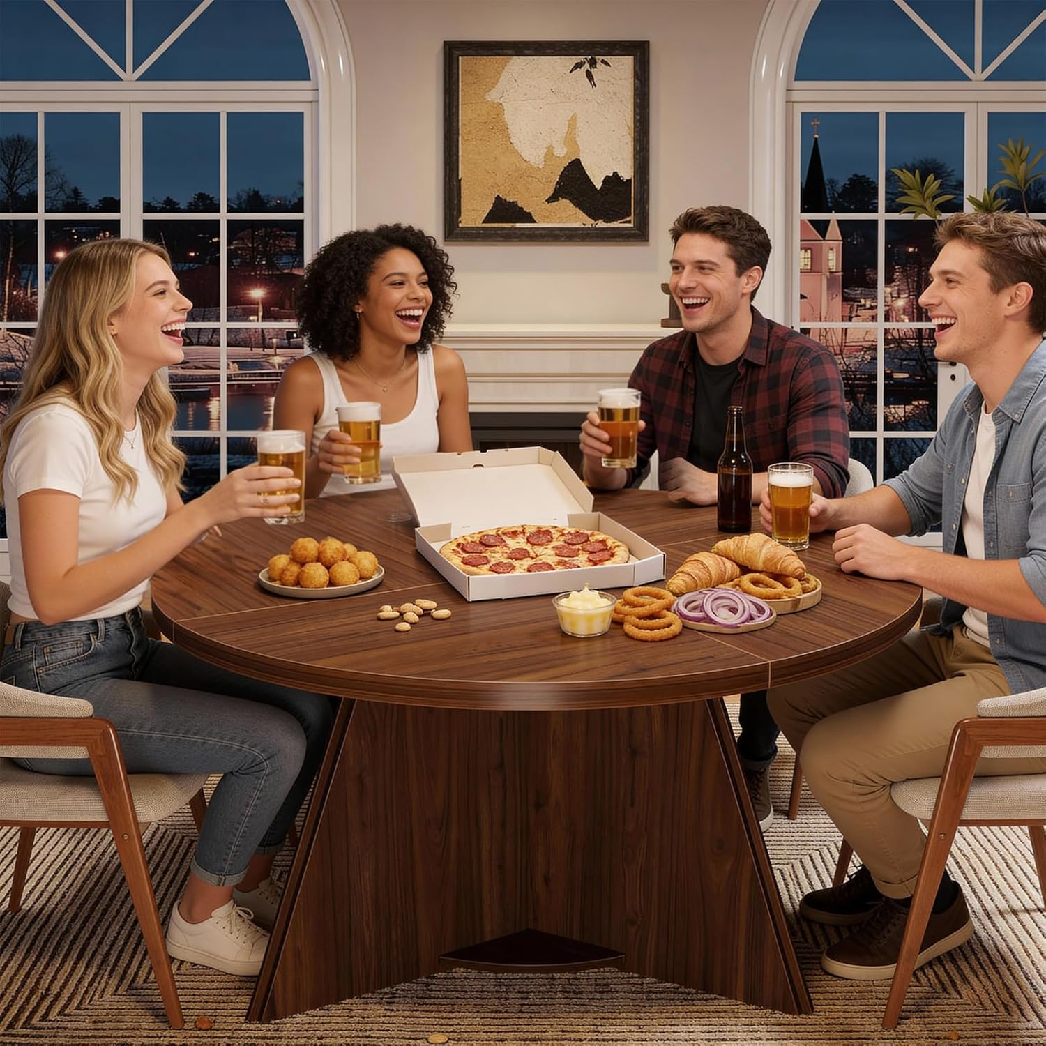 LVB Round Dining Table for 4-6, Mid Century Modern Walnut Circle Dinner Table, Brown Wood Pedestal Kitchen Table with Wooden Base for Dining Room, Kitchen, Living Room, 43 inch