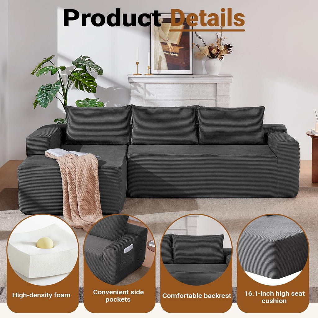 97" Cloud Sectional Couch, Modern Boneless Couch with L-Shape Chaise, Deep Seat Modular Sectional Sofa Corduroy Corner Foam Couches for Living Room,No Assembly Required(Dark Gray, Left Chaise