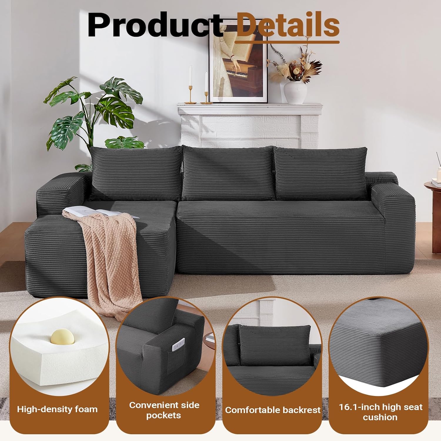 97" Cloud Sectional Couch, Modern Boneless Couch with L-Shape Chaise, Deep Seat Modular Sectional Sofa Corduroy Corner Foam Couches for Living Room,No Assembly Required(Dark Gray, Left Chaise