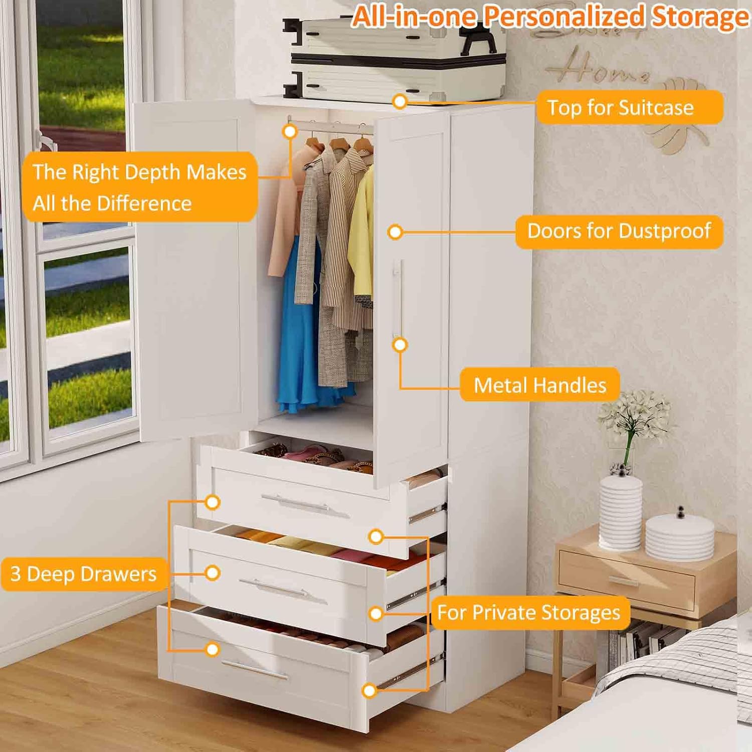 Armoire Wardrobe Closet with 3 Deep Drawers and Doors 71" Clothing Storage Cabinet with Hanging Rod Wooden Wardrobe Cabinet for Bedroom, Large Capacity Storage White