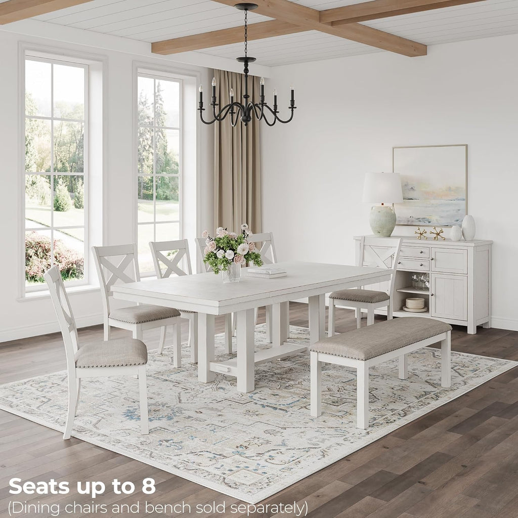 Signature Design by Ashley Robbinsdale Casual Removable Center Leaf Dining Extension Table with Trestle Base, Wood, Ash Veneer, Tabletop with Planked Effect, 2 Removable Center Leaves, Seats 8, White