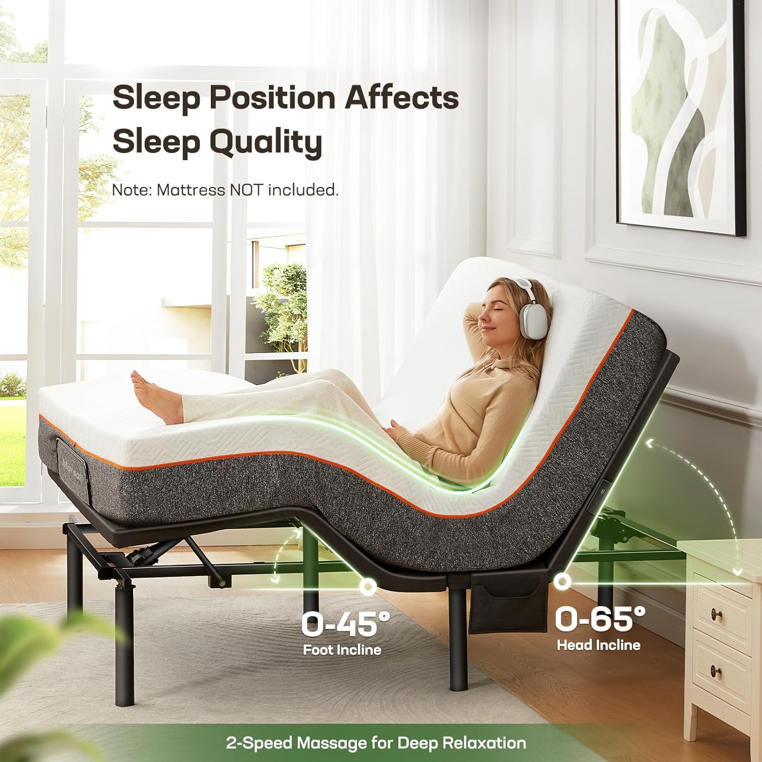 Marsail MS01-1 Full Adjustable Bed Base with Massage, 4 Ports USB A&C Bed Frame with Under-Bed Nightlight, 3 Minutes Fast Assembly, Wireless Control Adjustable Bed with 4 Height Options