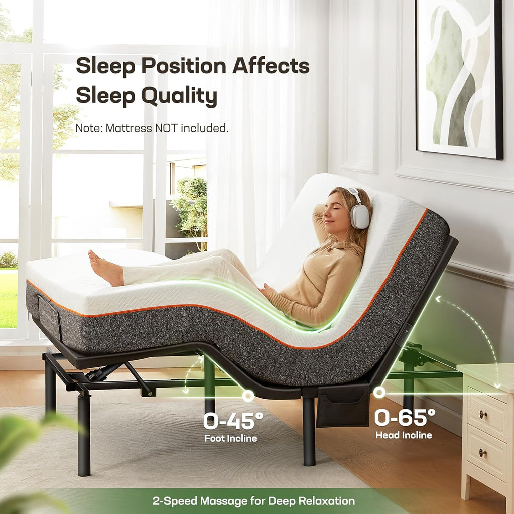 Marsail MS01-1 Full Adjustable Bed Base with Massage, 4 Ports USB A&C Bed Frame with Under-Bed Nightlight, 3 Minutes Fast Assembly, Wireless Control Adjustable Bed with 4 Height Options