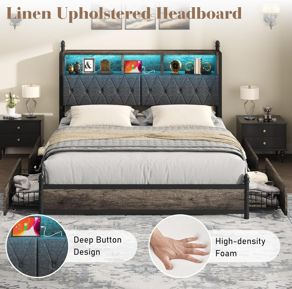 King Bed Frame with 3-Tier Storage Headboard, LED & Charging Station Metal Platform Bed with 4 Storage Drawers, Hidden Areas, Noise-Free/No Box Spring Needed/Metal Support,Rustic Grey