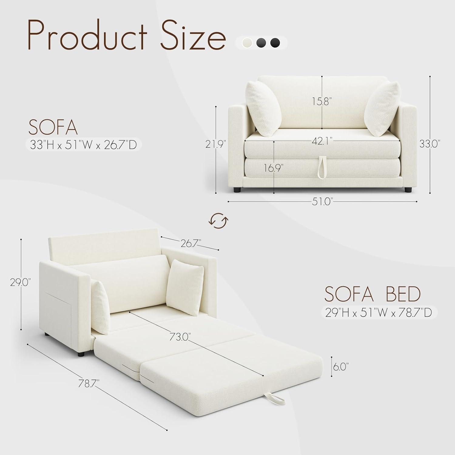 Convertible Sofa Bed, 2 in 1 Pull Out Loveseat Sleeper Sofa | 78.7” Folding Floor Sofa Bed for Guest Room, Bedroom | Ivory White