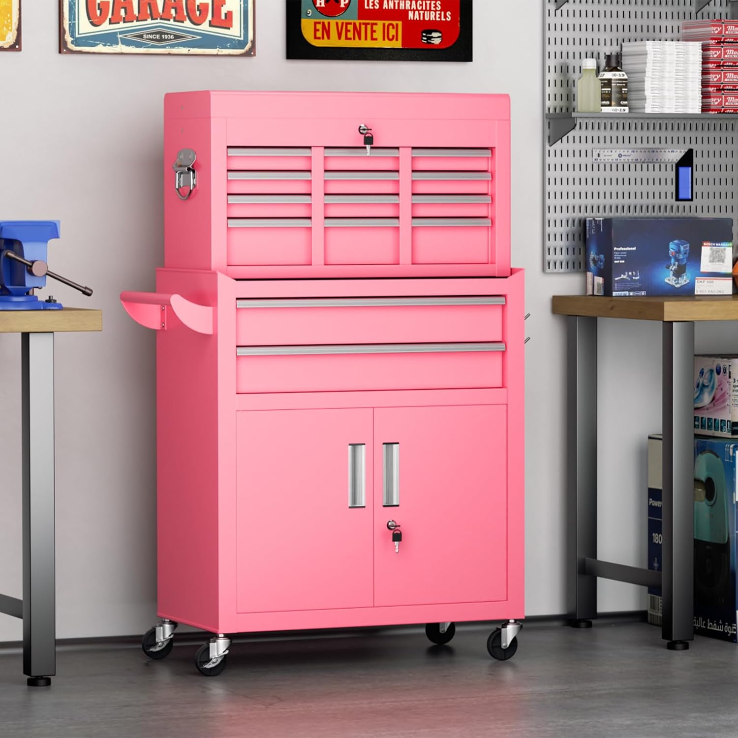 8-Drawer Heavy-Duty Tool Chest with Lock, Mobile Tool Cabinet Cart on Wheels, High-Capacity Mechanic Tool Storage Organizer for Garage Workshop