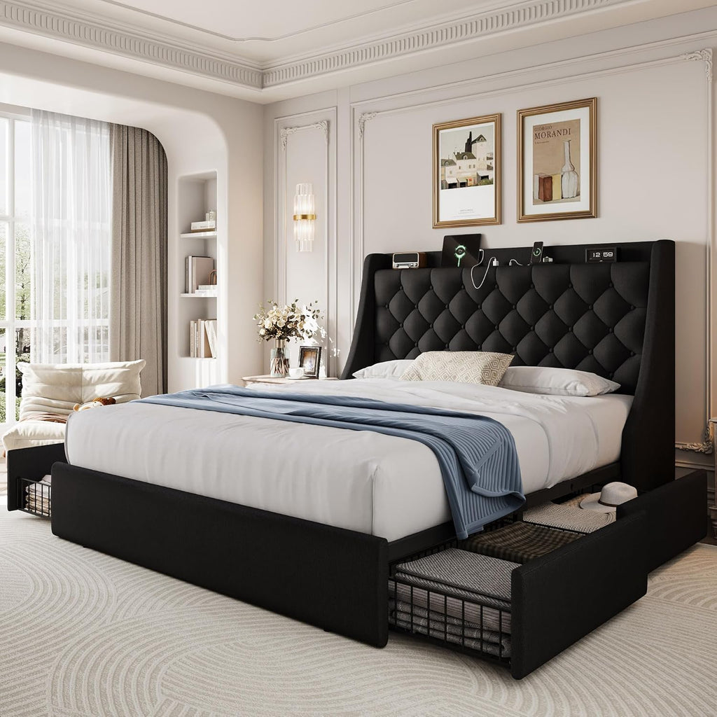 Queen Size Upholstered Platform Bed Frame with 4 Storage Drawers and Charging Station, Linen Button Tufted Wingback Headboard, Sturdy Wooden Support Slats, No Box Spring Needed, Black