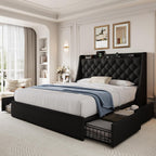 Queen Size Upholstered Platform Bed Frame with 4 Storage Drawers and Charging Station, Linen Button Tufted Wingback Headboard, Sturdy Wooden Support Slats, No Box Spring Needed, Black