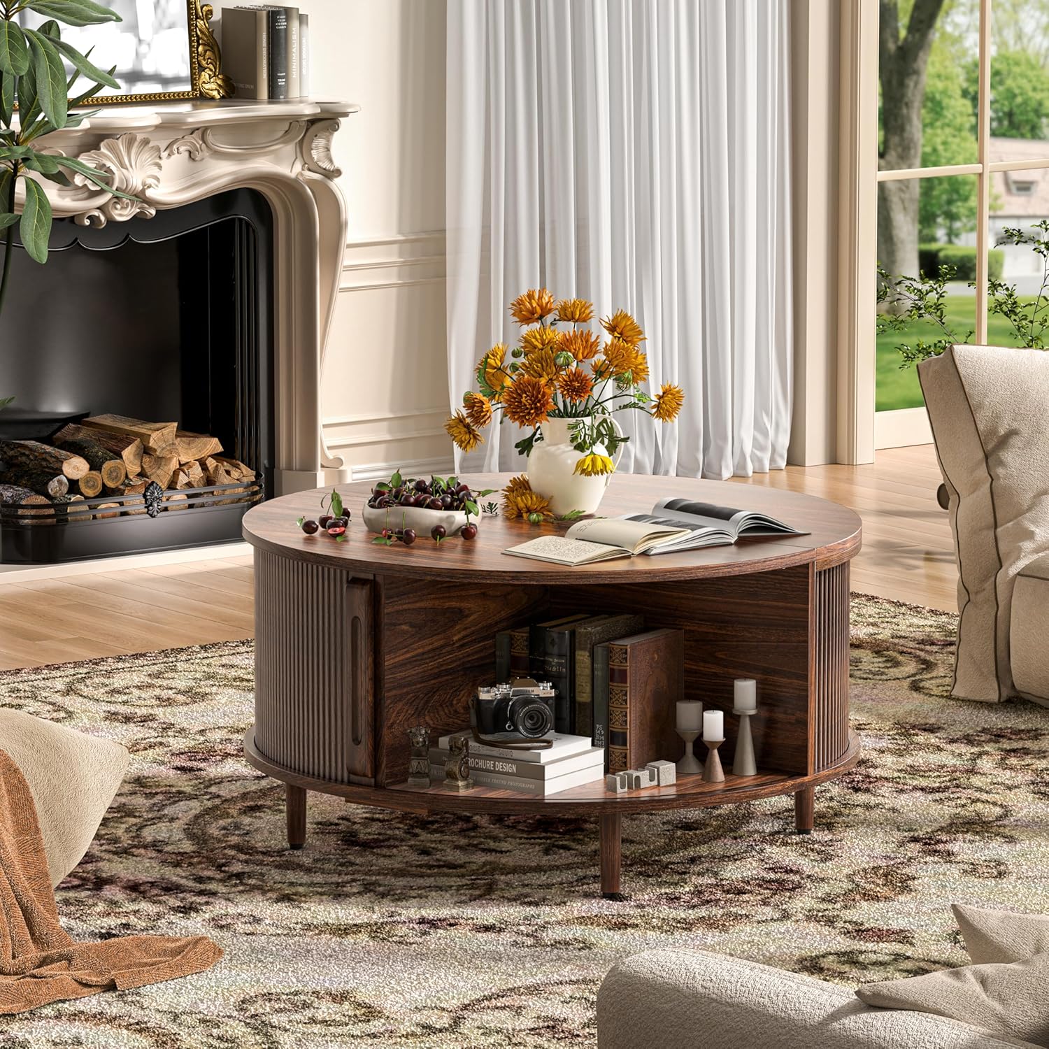 Round Coffee Table, 31.5" Fluted Center Table with Storage, Lift-Top Coffee Table with Adjustable Footpads, Sliding Door, Mid-Century Modern Center Table for Living Room, Small Space (Warm Walnut)