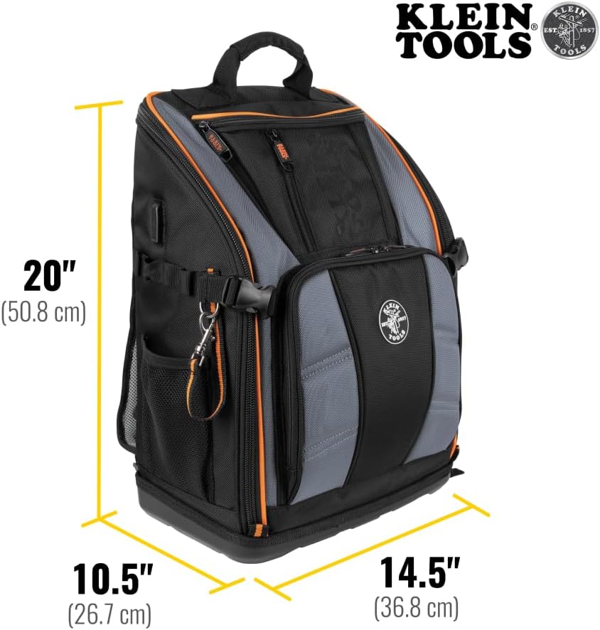 Klein Tools 62482 Tool Backpack, Tool-Station Pro Heavy-Duty Organizer with 27 Pockets, Large Interior, Molded Bottom, Electrician Tool Bag