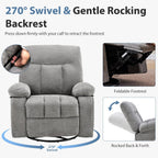 DUMOS Rocker Recliner Chair, Swivel Recliner with Vibration Massage & Lumbar Heating, 270° Rotating Chenille Fabric Recliner with footrest for Living Room & Bedroom, Grey