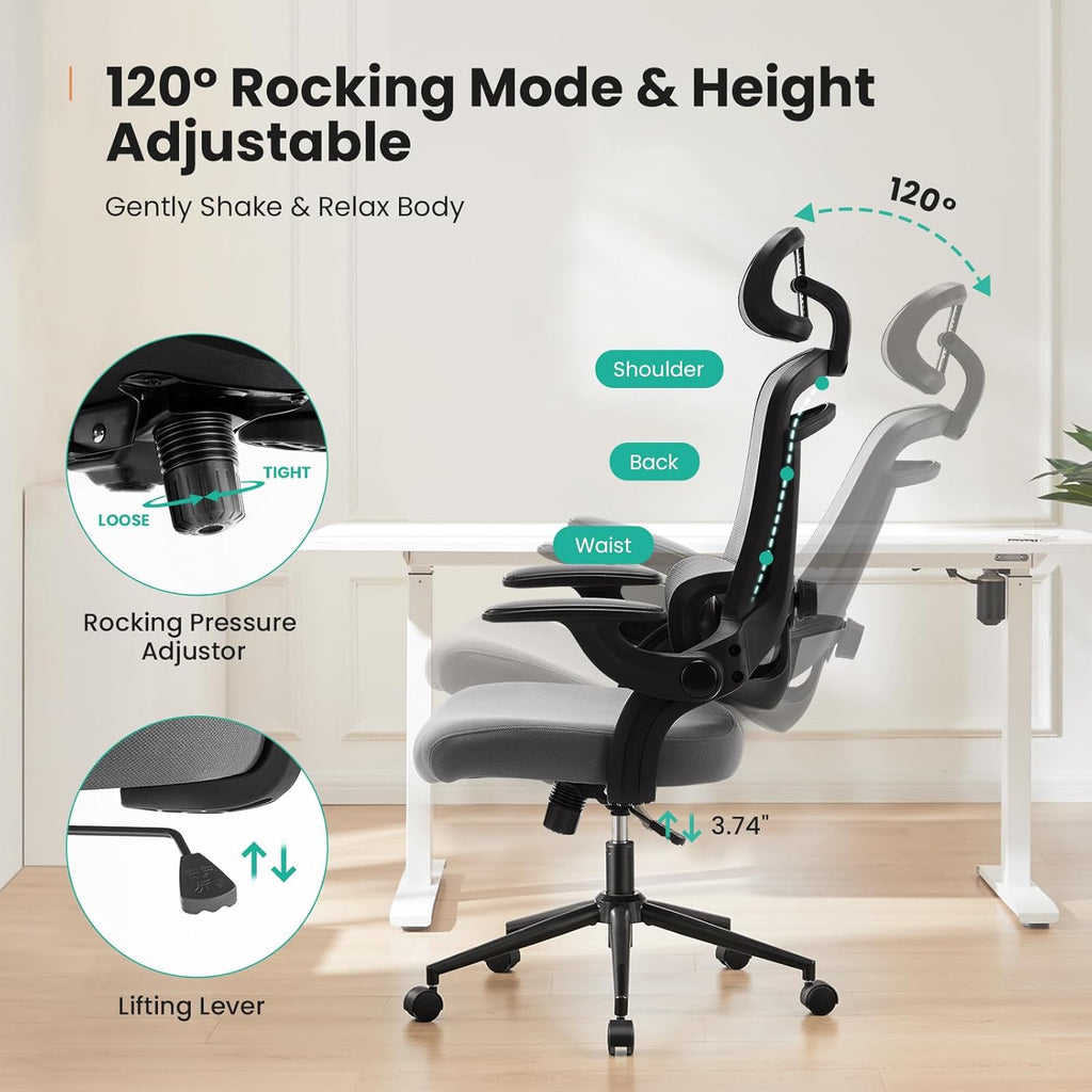Sweetcrispy Ergonomic Desk Chair Office Chair, 300 LBS Home Mesh Office Desk Chairs with Wheels, 2D Headrest, Up&Down Lumbar Support, Swivel High Back Computer Chair with Flip-up Armrests,Dark Grey