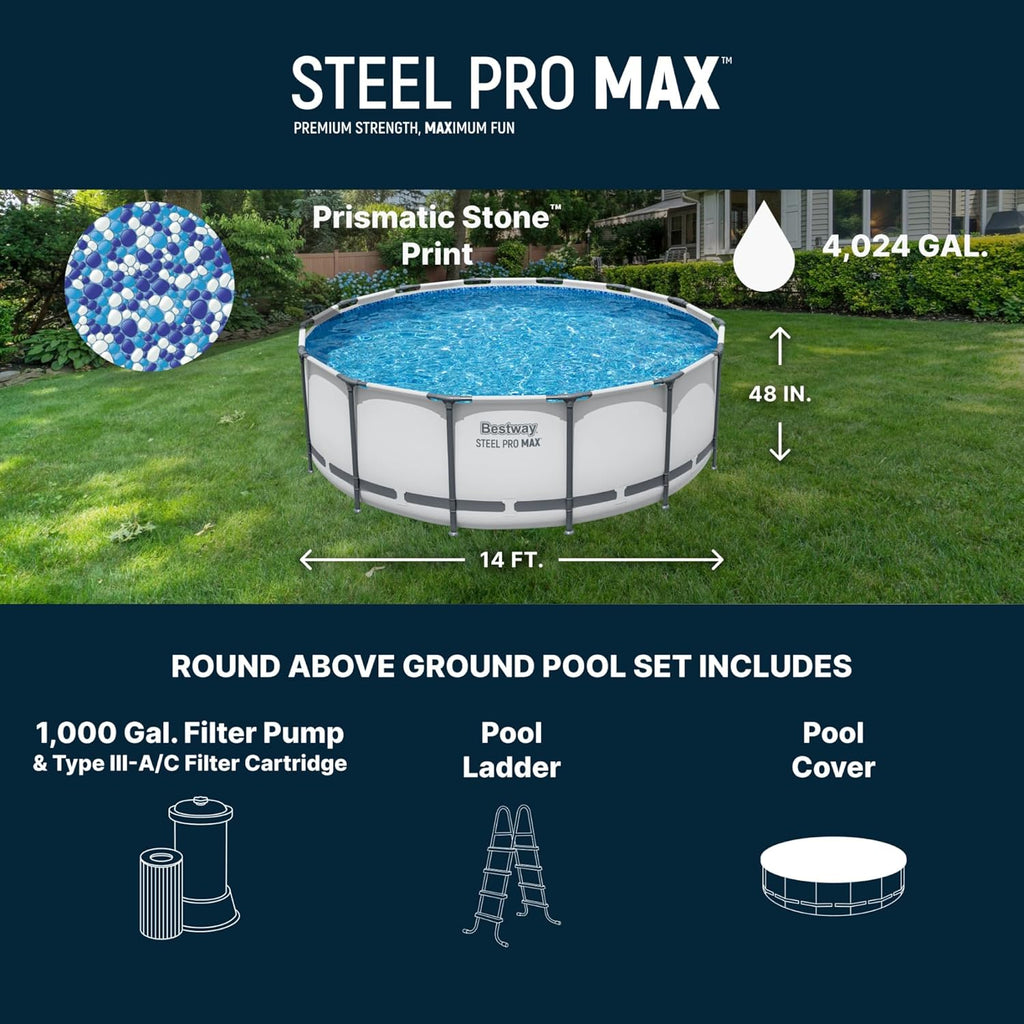 Bestway Steel Pro MAX 14' x 48" Above Ground Pool  Round Metal Frame Outdoor Swimming Pool Set with Filter Pump  Ladder  and Cover  Gray