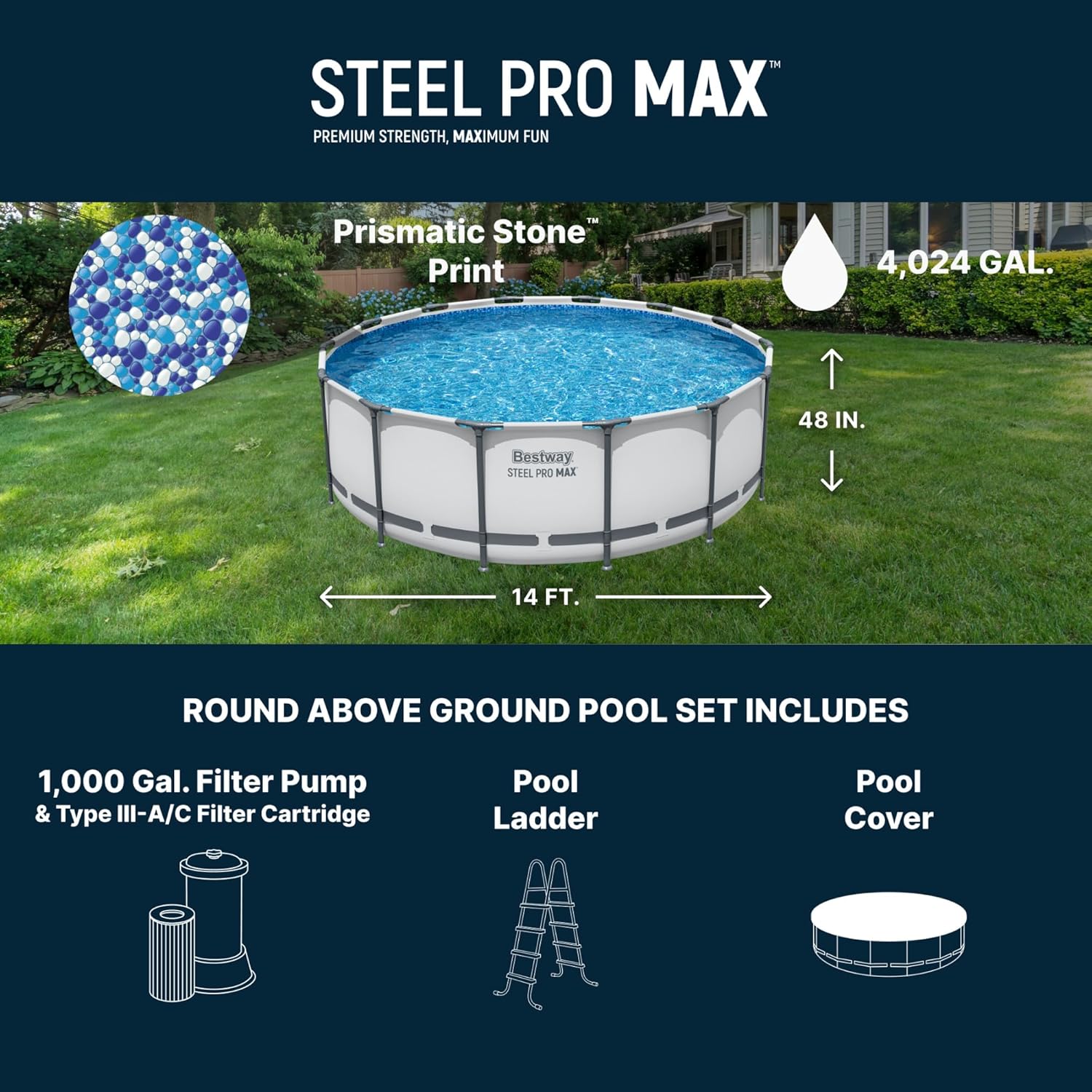 Bestway Steel Pro MAX 14' x 48" Above Ground Pool  Round Metal Frame Outdoor Swimming Pool Set with Filter Pump  Ladder  and Cover  Gray
