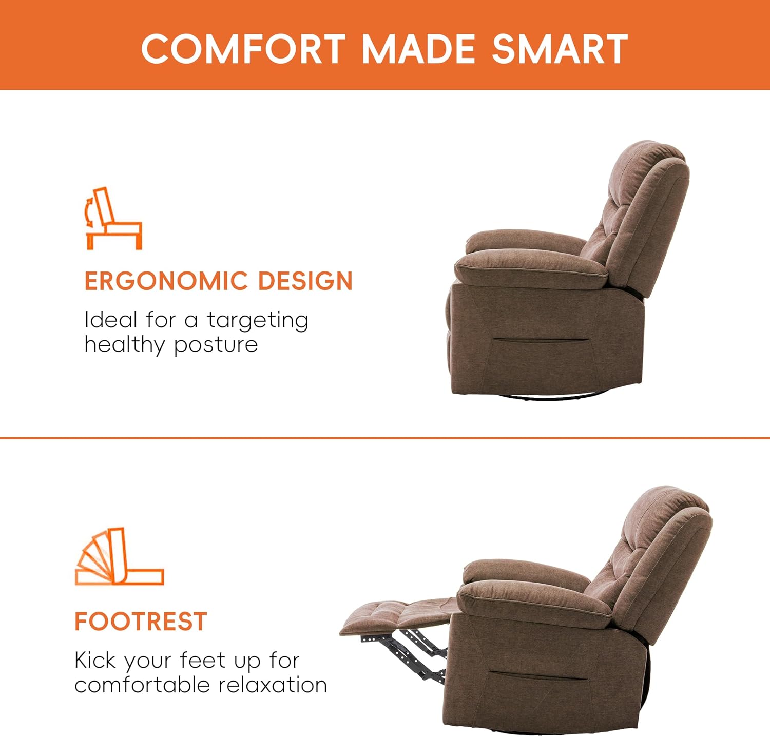 Power Swivel Rocker Recliner with Massage and Heat, USB Port, Infinite Position, Oversized Electric Glider Rocking Chairs Living Room, Soft Fabric Reclining Sofa Chair(Mocha)