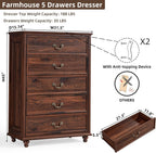 Farmhouse 5 Drawer Dresser for Bedroom, 45" Tall Rustic Chests of Drawers w/ 4 Solid Wood Feet, Mid Century Modern Wooden Closet Storage Dressers Organizer for Living Room, Hallway, Brown