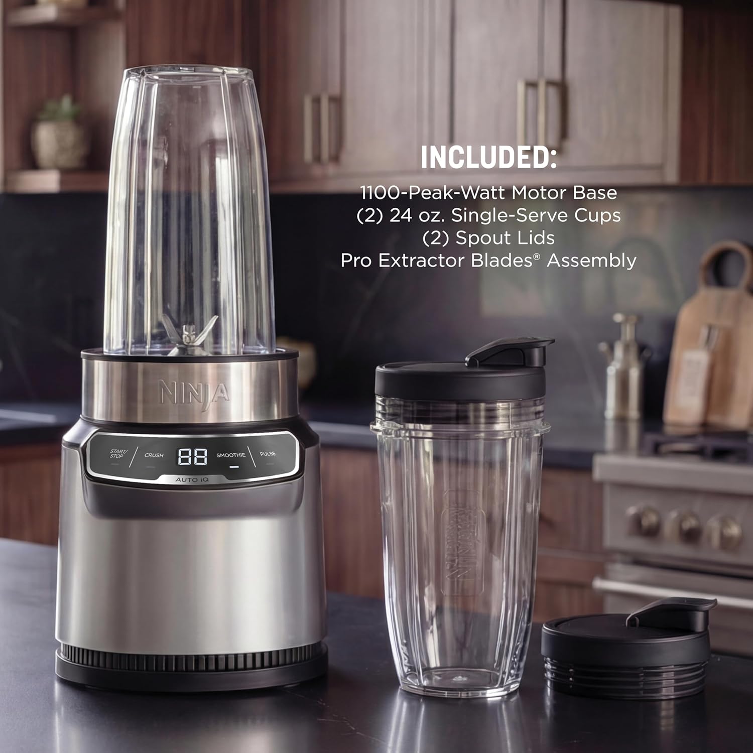 Ninja Blender | Nutri Pro | Auto IQ Blend | Smoothies, Shakes, Frozen Drinks, Salsa, Dips | Includes (2) 24 oz. To-Go Cups & Spout Lids | Crushes Ice, Fruit & Veggies |1100 Peak Watt | Silver | BN401