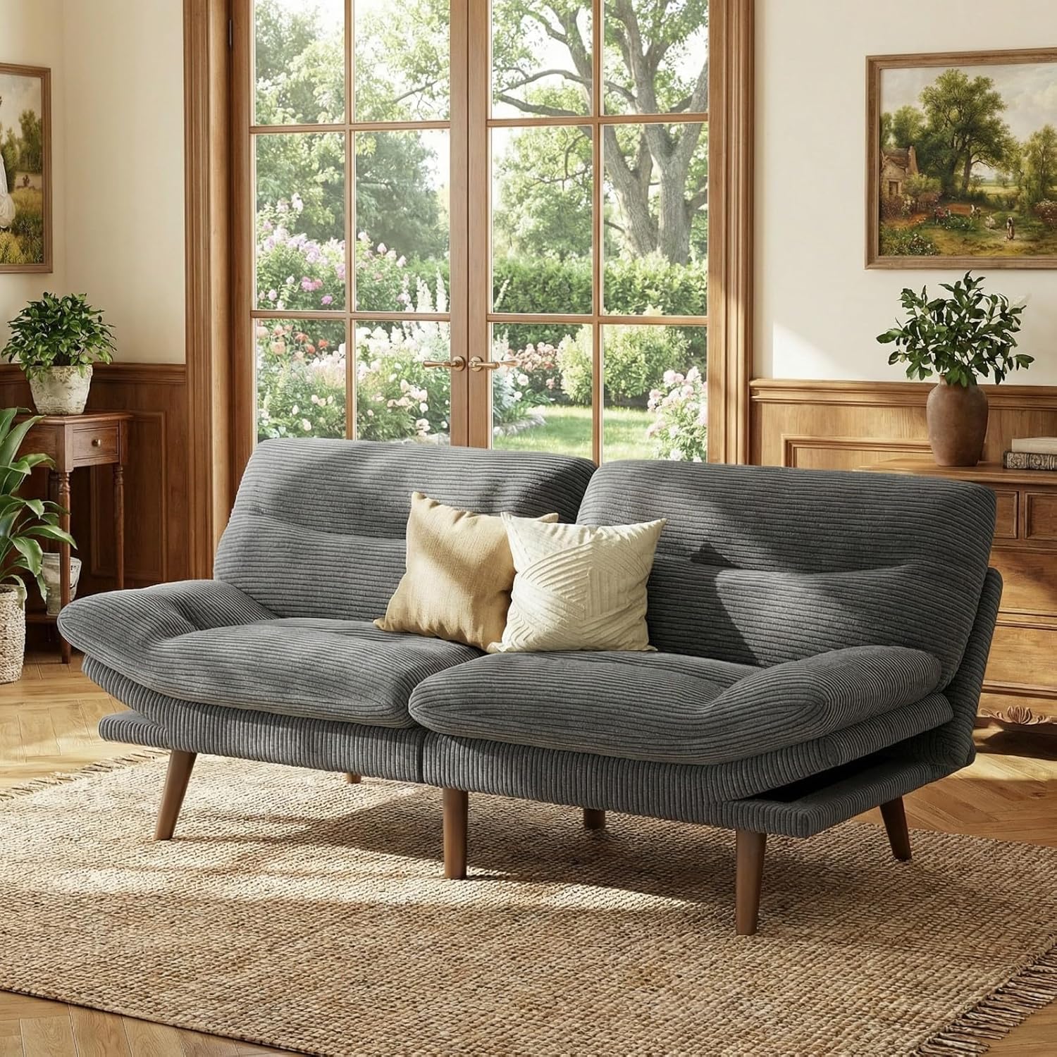 Marsail 66" Futon Sofa Bed, Convertible Corduroy Futon Couch with Adjustable Backrest & Armrests, Small Sleeper Sofa Loveseat for Living Room, Apartment, Office, Grey