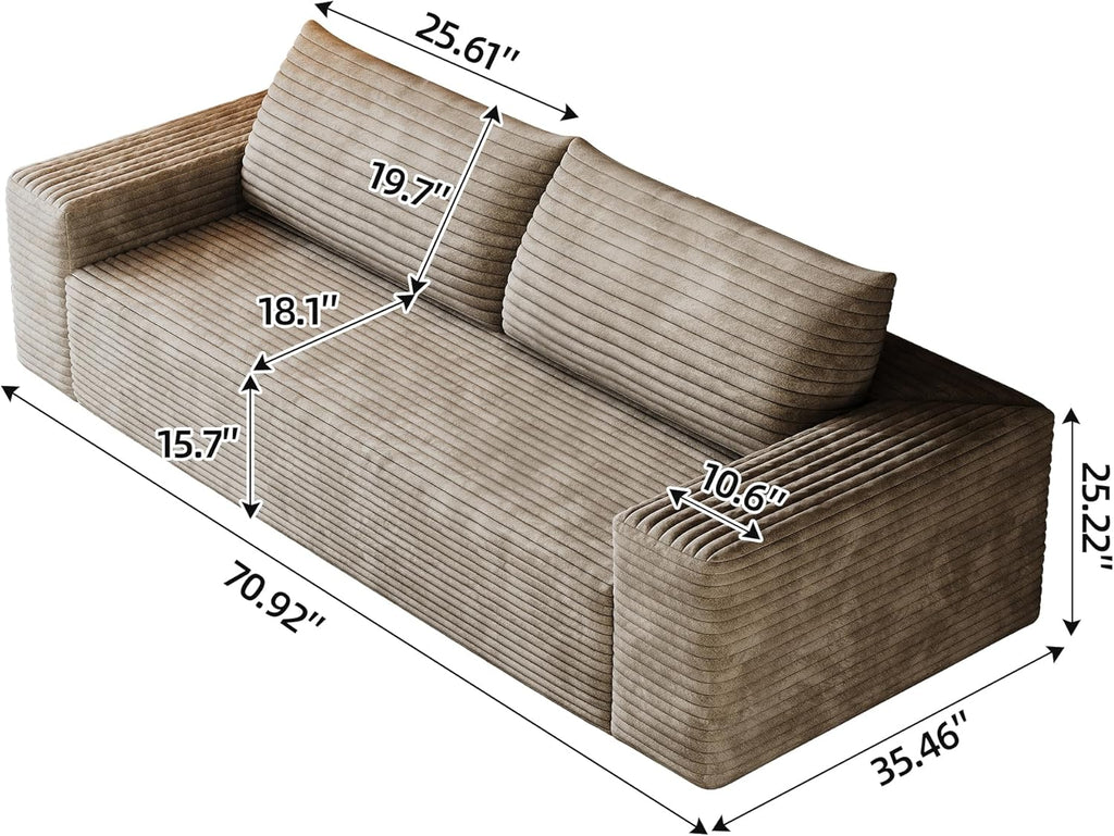 3 Seater Couch for Living Room, 71.3 INCH Fluffy Corduroy Boneless Couch Cloud Loveseat with Wide Armrest, Upholstered Floor Sofa in A Box, No Assembly Required