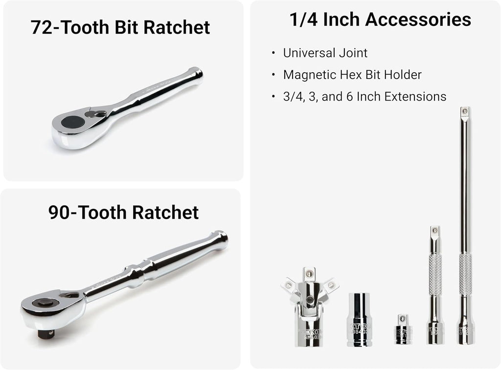 TEKTON 1/4 Inch Drive 6-Point Small Engine Shallow Socket, Bit, and Quick-Release Ratchet Set with Case (50-Piece) | SKT07902