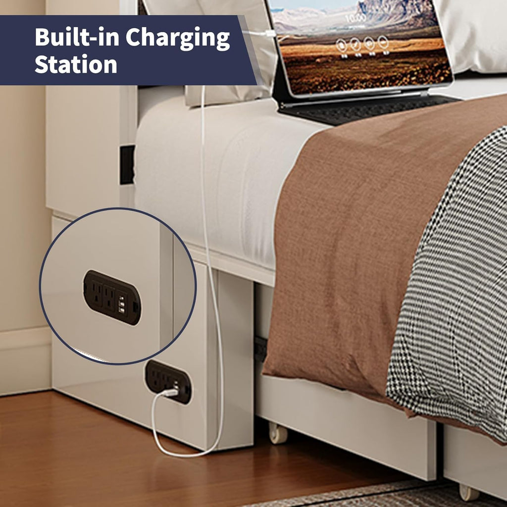 ijuicy Queen Murphy Bed with Mattress Included, Farmhouse Cabinet Bed with Storage Drawer & Charging Station, Foldable Space-Saving Murphy Beds for Guest Bedroom, Living Room (White & Brown)