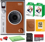 FUJIFILM INSTAX MINI EVO Hybrid Instant Camera (Brown) Bundle with Fuji Instax-Mini-Instant Film Value Pack (40 Sheets) + 32GB Memory Card + Carrying Case + Photo Album 64 Pockets + Cleaning Cloth