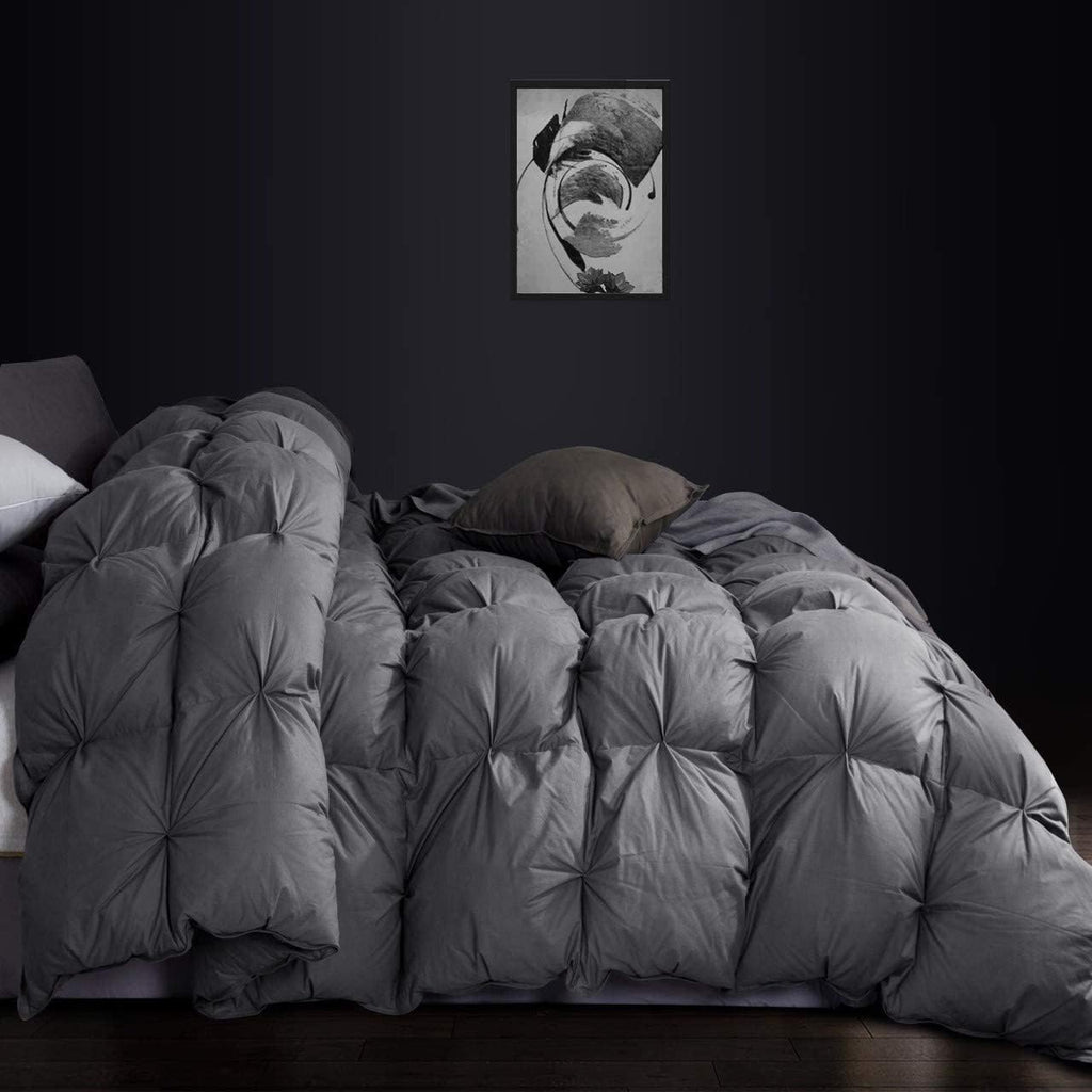 Luxurious All-Season Goose Down Feather Fiber Comforter Queen Size Duvet Insert, Exquisite Pinch Pleat Ruffled Twisted Flower, Premium Baffle Box, 100% Egyptian Cotton Cover, 60 oz. Fill Weight, Gray
