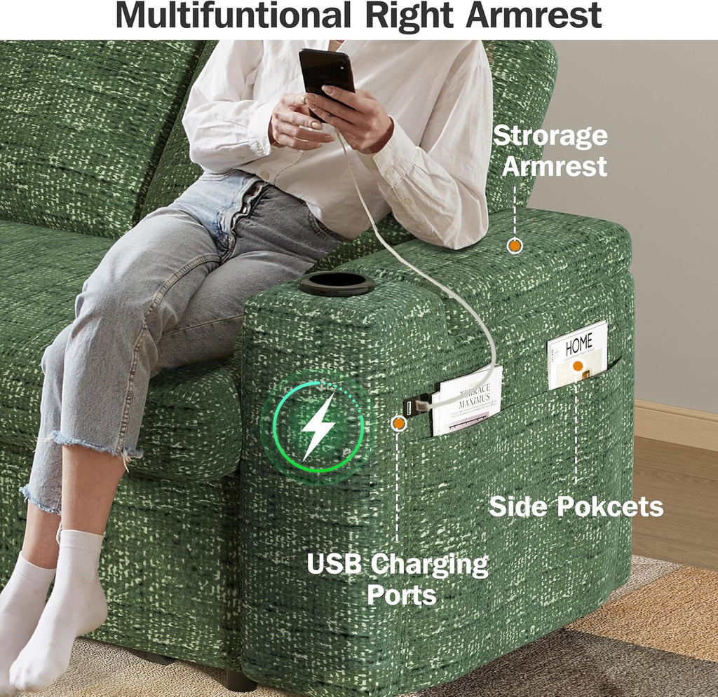 Vipbear 65" Loveseat Sleeper Sofa with Pull Out Bed, Chenille 3-in-1 Convertible Sofa Bed with Reclining Backrest|USB Ports|Cup Holders|Side Table|Storage Armrests, Tool Free Assembly, Green