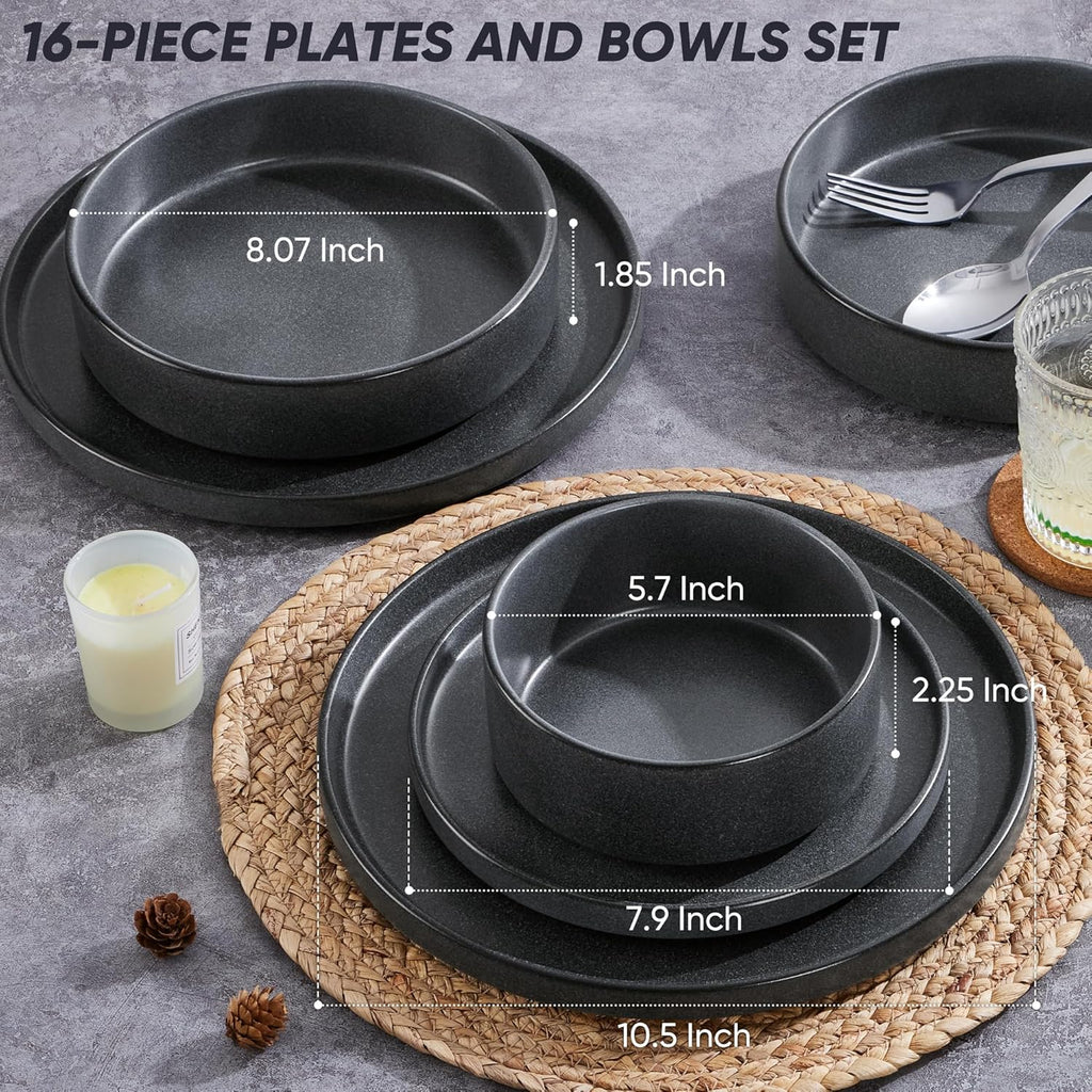 E-far 16-Piece Plates and Bowls Sets - Stoneware Dinnerware Sets with Pasta Bowls for 4 | Microwave & Dishwasher Safe Kitchen Modern Dish Set, Deep Gray