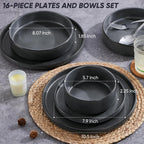E-far 16-Piece Plates and Bowls Sets - Stoneware Dinnerware Sets with Pasta Bowls for 4 | Microwave & Dishwasher Safe Kitchen Modern Dish Set, Deep Gray