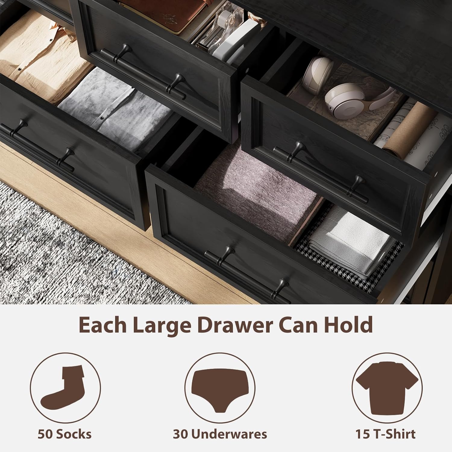 Black Dresser for Bedroom, 10 Drawer Dresser, 59" Wide Chest of Drawers w/Brushed Metal Handle, Wood Dressers TV Stand, Closet Organizers and Storage Cabinet for Bedroom, Living Room, Hallway