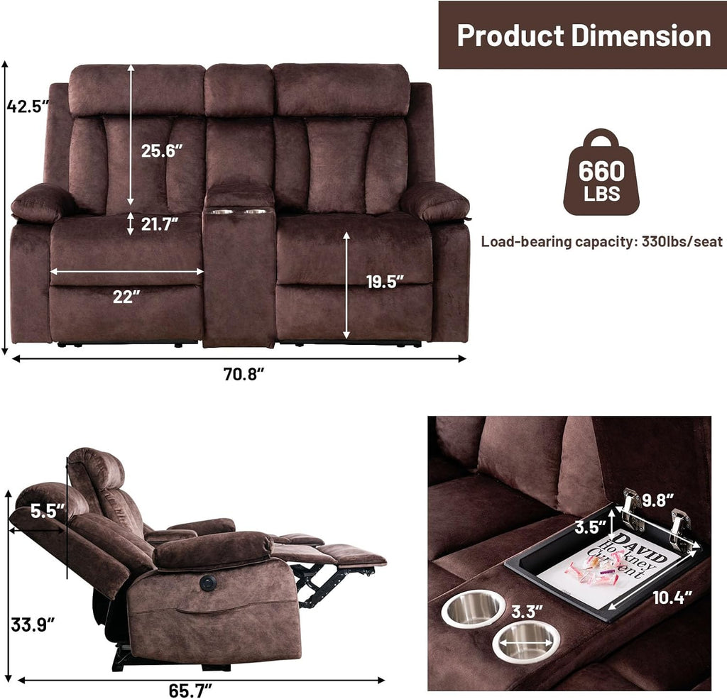 Power Reclining Loveseat with Console, Electric Double Recliner with USB/Type C/Side Pocket/Cup Holders, RV Recliners Wall Hugger Reclining Loveseat for Living Room & RV & Home Theater