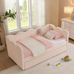 DEINPPA Twin Size Upholstered Daybed with Trundle, Gingham Daybed with USB Ports for Bedroom Living Room Guest Room-Pink
