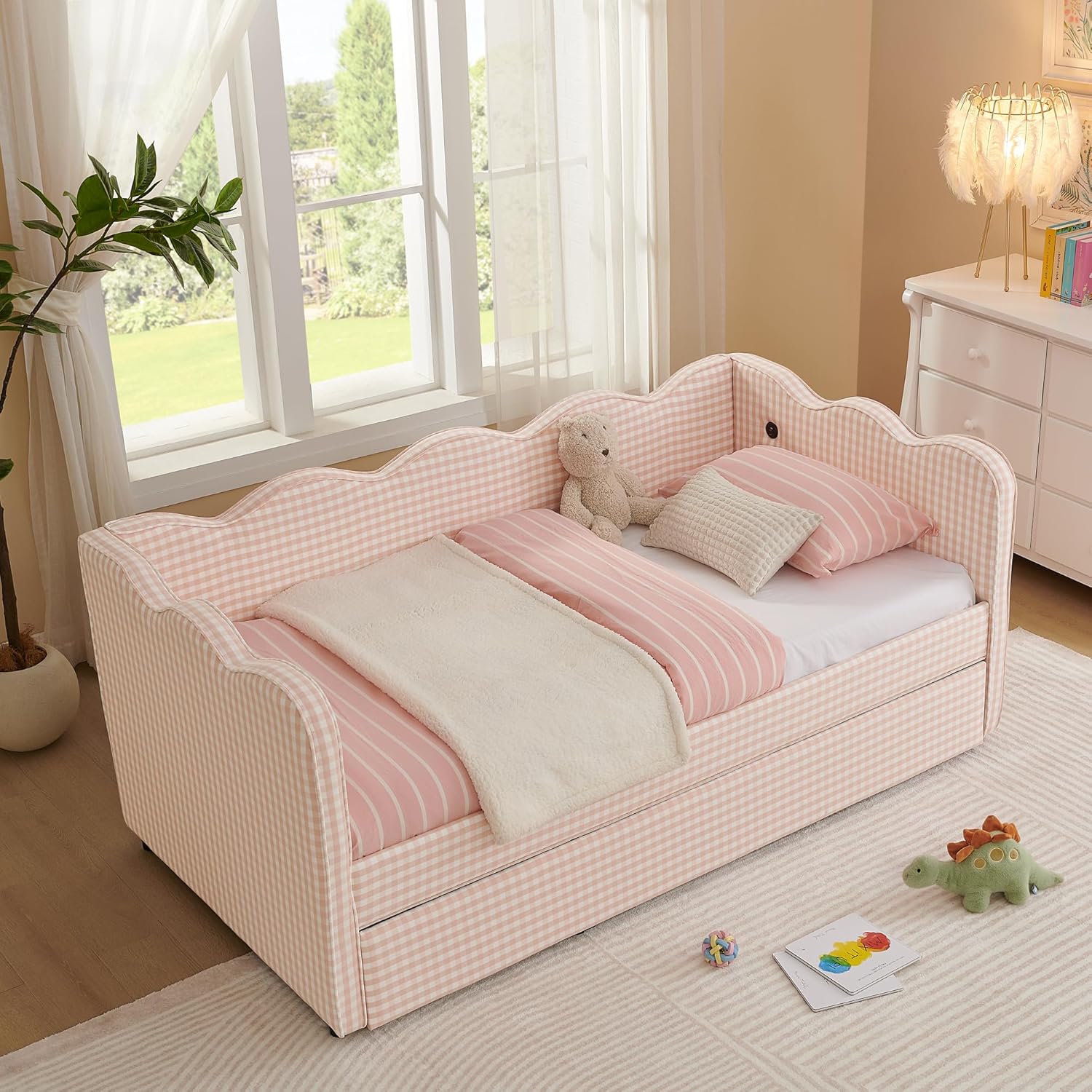 DEINPPA Twin Size Upholstered Daybed with Trundle, Gingham Daybed with USB Ports for Bedroom Living Room Guest Room-Pink
