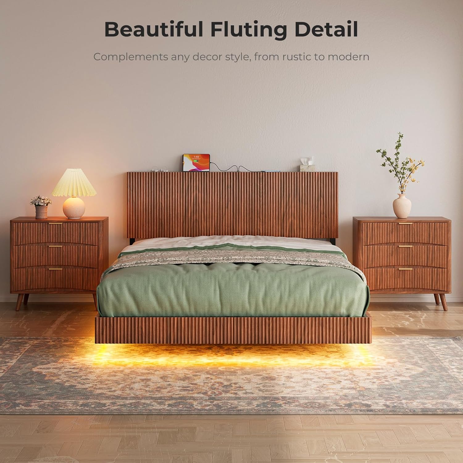 Evermagin Walnut Queen Floating Bed Frame with Headboard, Mid Century Modern Fluted Platform Bed with LED Lights, Heavy Duty Floating Bedframe with Charging Station, No Box Spring Needed